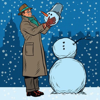 Retro man and snowman, pop art retro vector illustration. Winter and snow