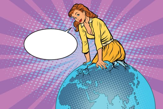 Beautiful woman emerge from the planet Earth, pop art retro vector illustration. international women day