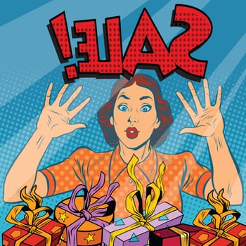 Sale, retro woman behind the glass storefront, pop art retro vector illustration. Holiday discounts