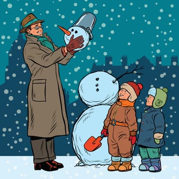 Children and male mold snowman, pop art retro vector illustration