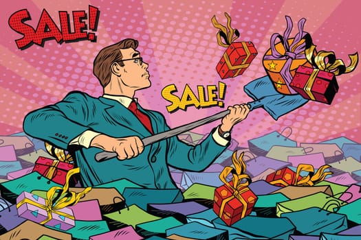 Businessman and sales season, retro man with a shovel is among the gifts, pop art retro vector illustration