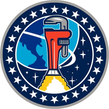 Illustration of a pipe wrench rocket booster orbitting earth space set inside circle with stars in the background done in retro style.