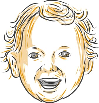 Drawing sketch style illustration of a Caucasian toddler, aged 1 to 3 years old with curly hair smiling viewed from front set on isolated white background.