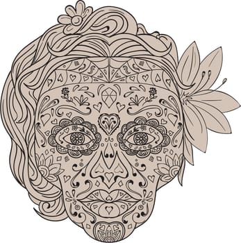 Illustration of a decorated female sugar skull or calavera  with hair and flowers viewed from front to commemorate the Day of the Dead on isolated white background done in retro style.