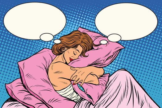 Young woman in bed hugging a pillow, pop art retro vector illustration