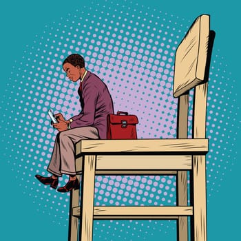 Small business man on the big chair, and smartphone, pop art retro vector illustration