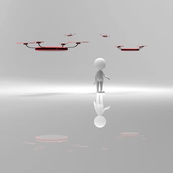 The 3d rendering of colorful drone with 4 camera around it