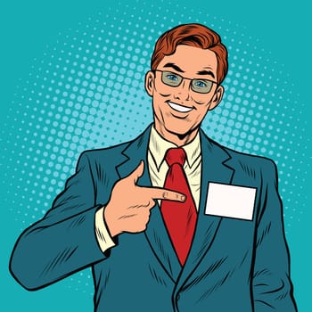 Smiling Manager with a name badge, pop art retro vector illustration. Caucasian European people