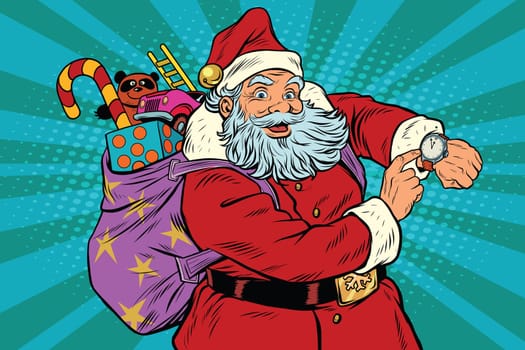 Santa Claus shows on the clock, New year and Christmas, pop art retro vector illustration
