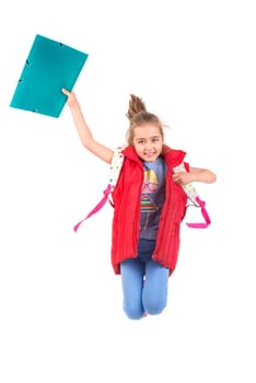 Young girl student jumping isolated in white