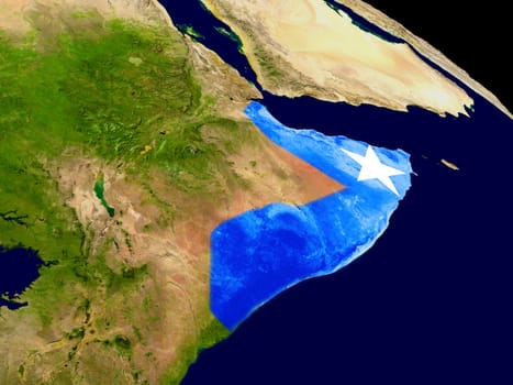 Map of Somalia with embedded flag on planet surface. 3D illustration. Elements of this image furnished by NASA.