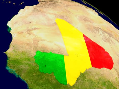 Map of Mali with embedded flag on planet surface. 3D illustration. Elements of this image furnished by NASA.