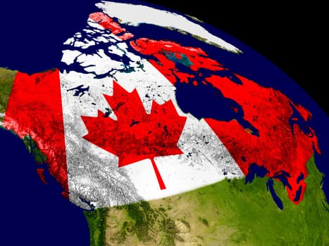 Map of Canada with embedded flag on planet surface. 3D illustration. Elements of this image furnished by NASA.