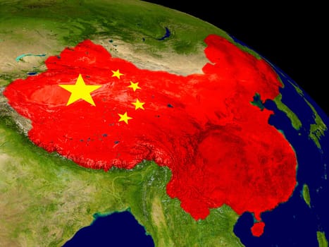 Map of China with embedded flag on planet surface. 3D illustration. Elements of this image furnished by NASA.