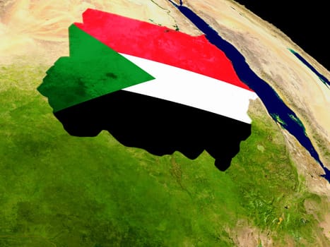 Map of Sudan with embedded flag on planet surface. 3D illustration. Elements of this image furnished by NASA.