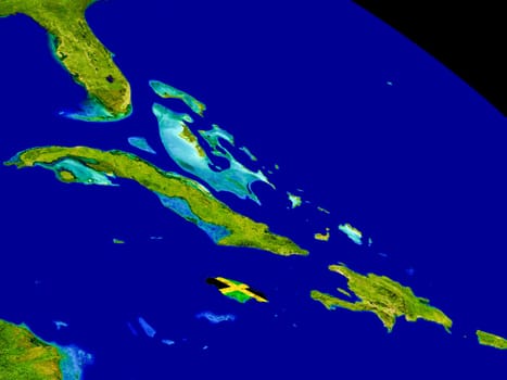 Map of Jamaica with embedded flag on planet surface. 3D illustration. Elements of this image furnished by NASA.
