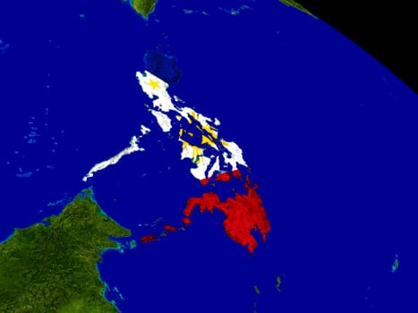 Map of Philippines with embedded flag on planet surface. 3D illustration. Elements of this image furnished by NASA.