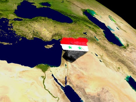 Map of Syria with embedded flag on planet surface. 3D illustration. Elements of this image furnished by NASA.