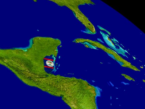 Map of Belize with embedded flag on planet surface. 3D illustration. Elements of this image furnished by NASA.