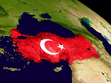 Map of Turkey with embedded flag on planet surface. 3D illustration. Elements of this image furnished by NASA.