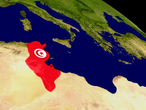 Map of Tunisia with embedded flag on planet surface. 3D illustration. Elements of this image furnished by NASA.