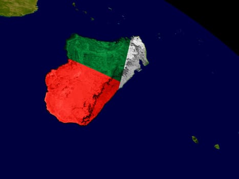 Map of Madagascar with embedded flag on planet surface. 3D illustration. Elements of this image furnished by NASA.