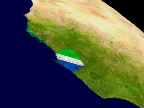 Map of Sierra Leone with embedded flag on planet surface. 3D illustration. Elements of this image furnished by NASA.