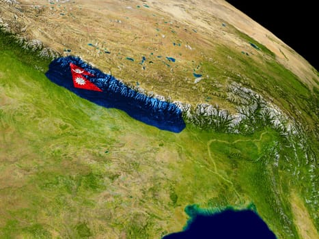 Map of Nepal with embedded flag on planet surface. 3D illustration. Elements of this image furnished by NASA.