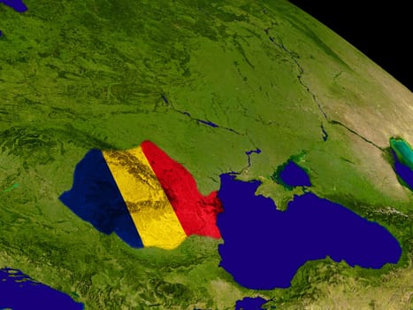 Map of Romania with embedded flag on planet surface. 3D illustration. Elements of this image furnished by NASA.