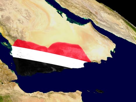 Map of Yemen with embedded flag on planet surface. 3D illustration. Elements of this image furnished by NASA.