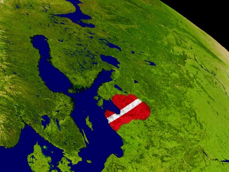 Map of Latvia with embedded flag on planet surface. 3D illustration. Elements of this image furnished by NASA.