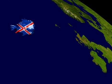 Map of Iceland with embedded flag on planet surface. 3D illustration. Elements of this image furnished by NASA.