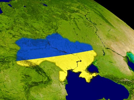 Map of Ukraine with embedded flag on planet surface. 3D illustration. Elements of this image furnished by NASA.