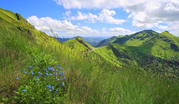 Panoramic landscape of volcanic mountains (Puy de Sancy, Massif Central, France)