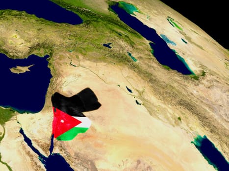 Map of Jordan with embedded flag on planet surface. 3D illustration. Elements of this image furnished by NASA.