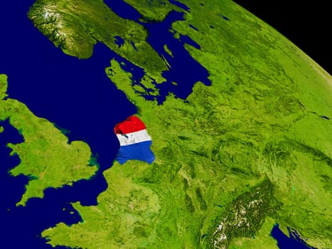 Map of Netherlands with embedded flag on planet surface. 3D illustration. Elements of this image furnished by NASA.