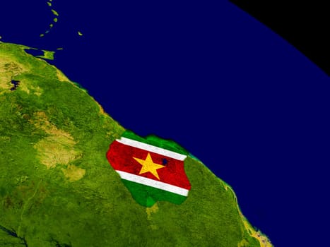 Map of Suriname with embedded flag on planet surface. 3D illustration. Elements of this image furnished by NASA.