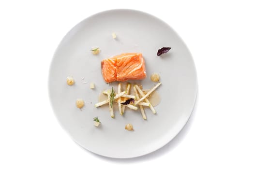 Molecular modern cuisine red fish in a dish with beautiful garnish close up. Isolated