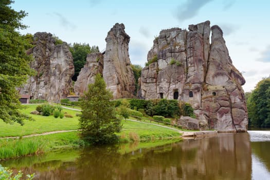 The Externsteine,striking sandstone rock formationim in the Teutoburg Forest,Germany,North Rhine Westphalia.