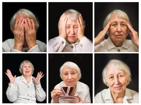 The Senior Woman Enjoying Cup Of Tea on black. Collage of different emotions