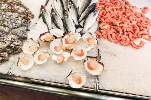 Venetian fish market - fish and prawns. The Rialto fish market is located alongside the Grand Canal near the Rialto Bridge - Venice, Italy