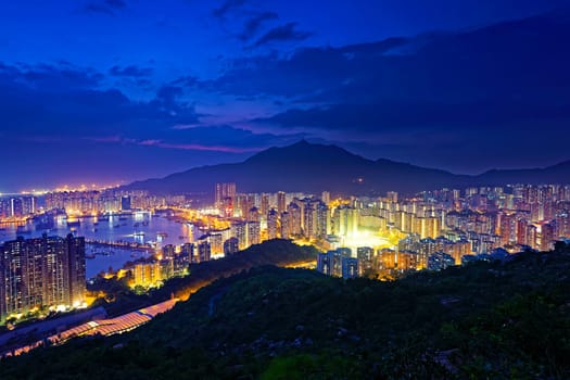 Hong Kong Tuen Mun skyline and South China sea at night
