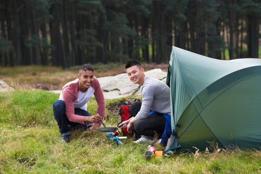 Two Young Men On Camping Trip In Countryside