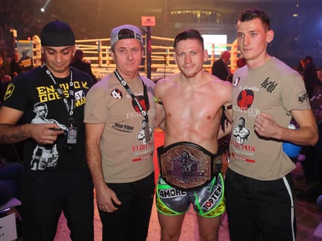 K1 Fighter Enriko Kehl ( The Hurricane) after his victory against Erkan Varol (The Black Eagle) SES-Box-Gala on 12.11.16 GETEC Arena Magdeburg with his trainer,father and brother