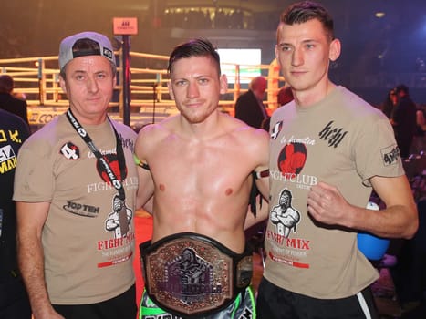 K1 Fighter Enriko Kehl ( The Hurricane) after his victory against Erkan Varol (The Black Eagle) SES-Box-Gala on 12.11.16 GETEC Arena Magdeburg with his father and brother