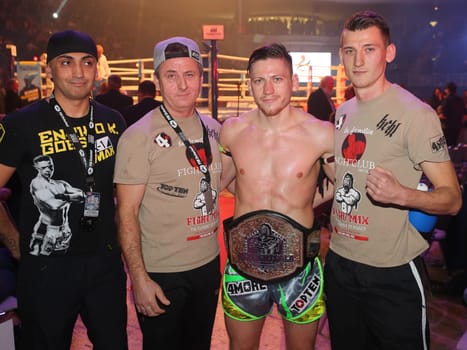 K1 Fighter Enriko Kehl ( The Hurricane) after his victory against Erkan Varol (The Black Eagle) SES-Box-Gala on 12.11.16 GETEC Arena Magdeburg with his trainer,father and brother