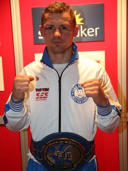 EBU European Champion in Light Heavyweight Robert Stieglitz (SES Boxing) with European Championship belt after his victory against Mehdi Amar SES Boxing Gala on 12.11.16 GETEC Arena Magdeburg