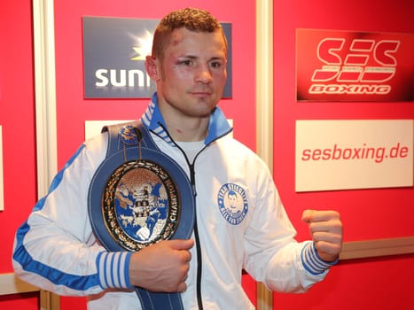 EBU European Champion in Light Heavyweight Robert Stieglitz (SES Boxing) with European Championship belt after his victory against Mehdi Amar SES Boxing Gala on 12.11.16 GETEC Arena Magdeburg