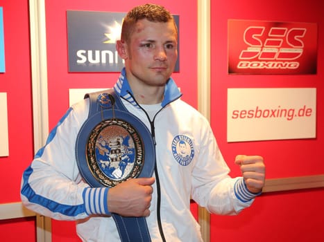 EBU European Champion in Light Heavyweight Robert Stieglitz (SES Boxing) with European Championship belt after his victory against Mehdi Amar SES Boxing Gala on 12.11.16 GETEC Arena Magdeburg