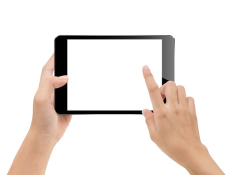 close-up hand using tablet isolated on white clipping path inside, mock-up digital black tablet